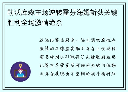勒沃库森主场逆转霍芬海姆斩获关键胜利全场激情绝杀