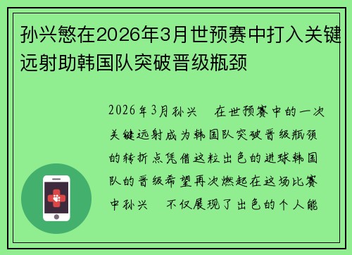 孙兴慜在2026年3月世预赛中打入关键远射助韩国队突破晋级瓶颈